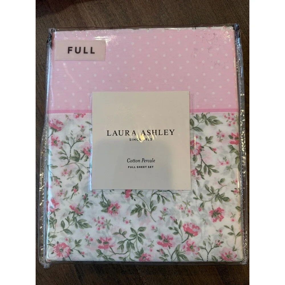 NEW Laura Ashley Full Sheet 4 Pc Set Floral Pink Rose 100% Cotton Percale